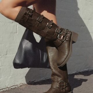 Aqrabi Buckle Down Faux Leather Knee-High Boots